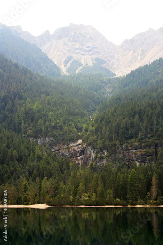 Mountains rise above the lake