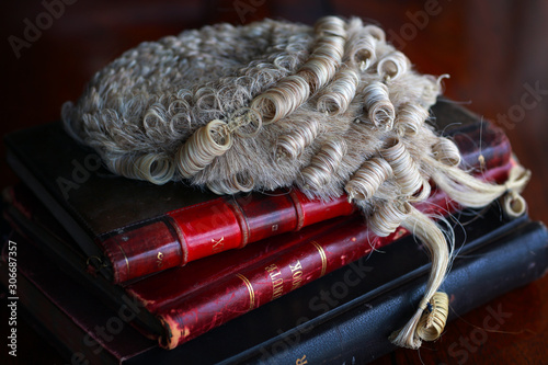 Barrister's Wig resting on books on a table