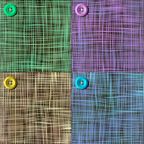 Set of textured textile colored backgrounds with buttons and coarse threads. Gauze textured. Vector colorful  illustration.