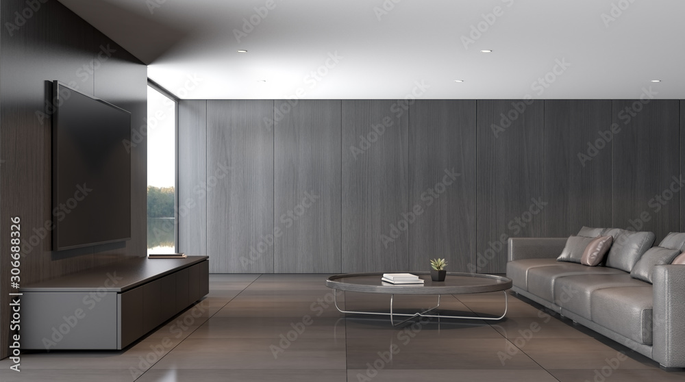 Perspective of modern luxury living room with grey leather sofa with dining  table and TV cabinet on lake view background, dark timber interior design -  3D rendering. Illustration Stock | Adobe Stock