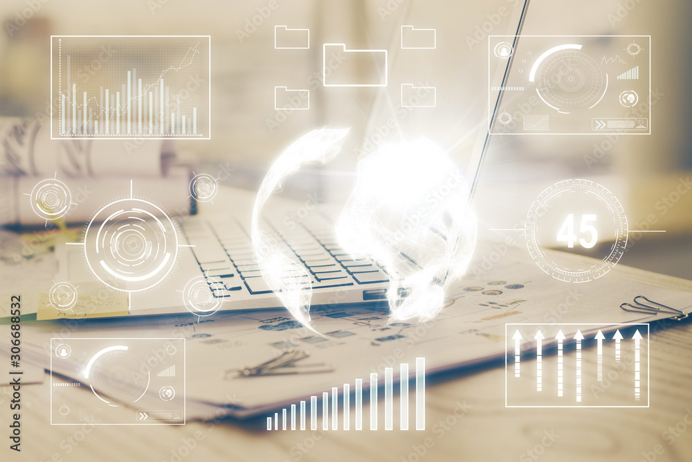 Stock market graph on background with desk and personal computer. Double exposure. Concept of financial analysis. Stock market graph on background with desk and personal computer. Double exposure. Concept of financial analysis.
