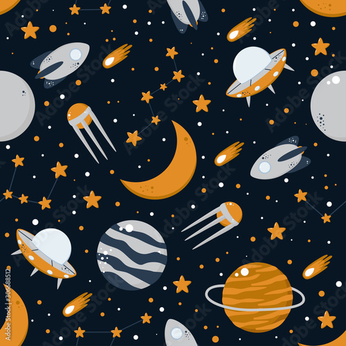 seamless pattern with planets rockets moon - vector illustration, eps