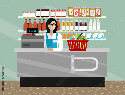 Saleslady standing at checkout and ringing up grocery purchases. Flat style vector illustration.