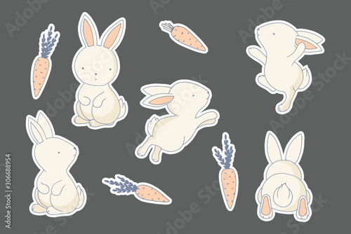 Cute rabbits stickers set, bakery decorations, birthday labels kit, baby shower party elements classic, universal design