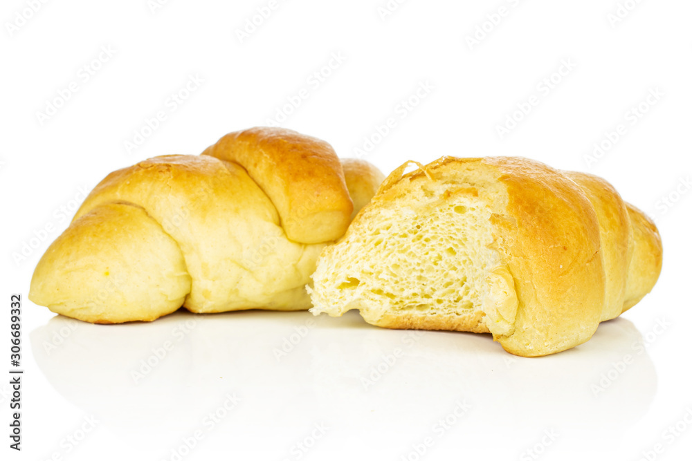 Group of one whole one half of sweet golden mini croissant isolated on white background Group of one whole one half of sweet golden mini croissant isolated on white background