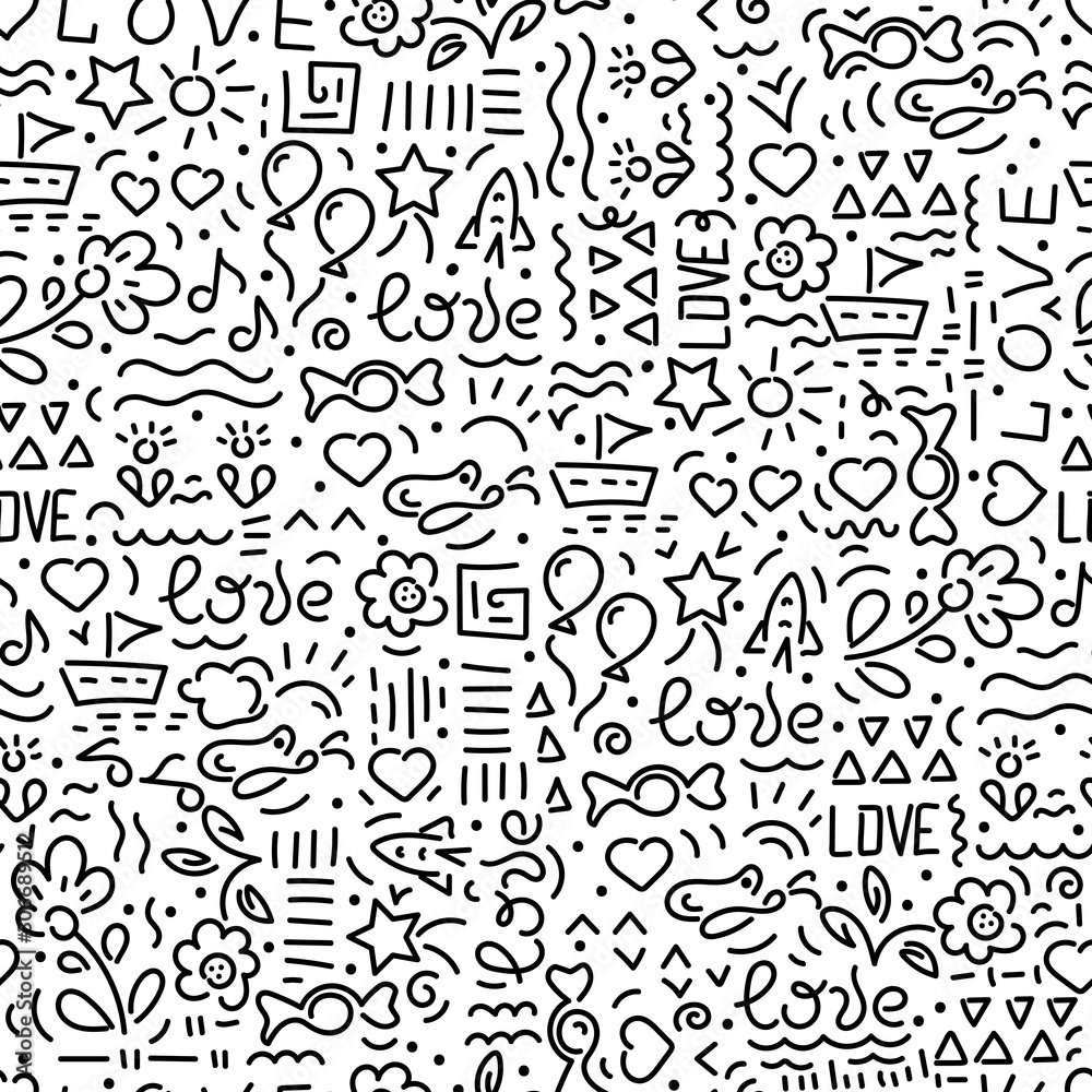 Doodle hand drawing seamless background. Love words, hearts, flowers, abstract elements on white background. Vector illustration.