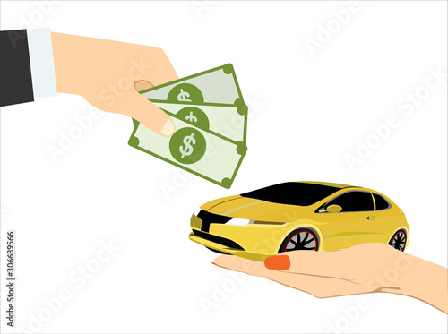 Hand of businessman with money buying a car. vector illustration in flat design