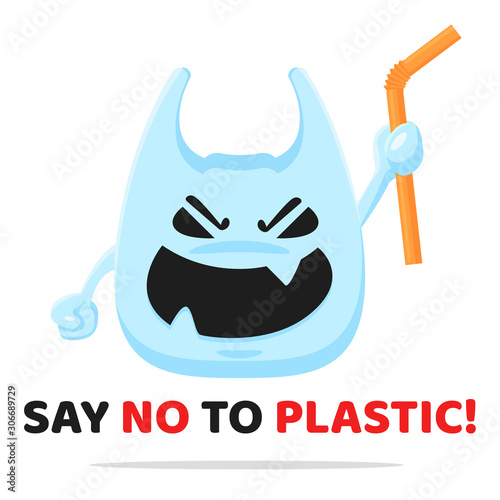 Vector cartoon waste plastic holding a straw. And the campaign to stop using plastic bags.