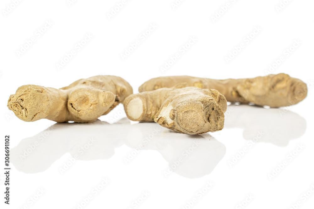 Group of three whole arranged fresh brown ginger isolated on white background