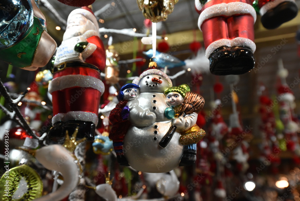 Christmas ornaments of snowman and Santa Claus