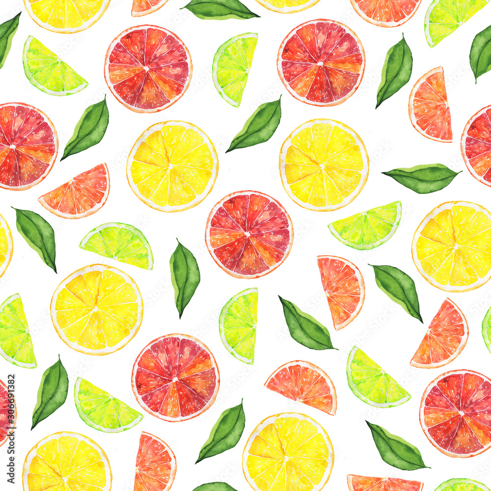 Seamless pattern with fresh citrus slices and green leaves on white background. Hand drawn watercolor illustration.