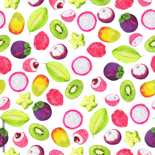 Fototapeta Naklejka Na Ścianę i Meble -  Seamless pattern with tropical fruit and berry on white background. Hand drawn watercolor illustration.