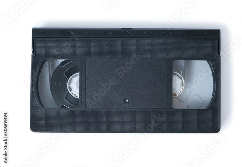 Retro videotape on white background, close-up isolate.