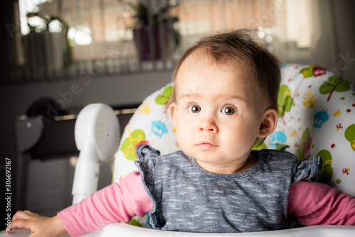 Beautiful baby sitting in a high chair in living room. 6- 12 months old. development concept