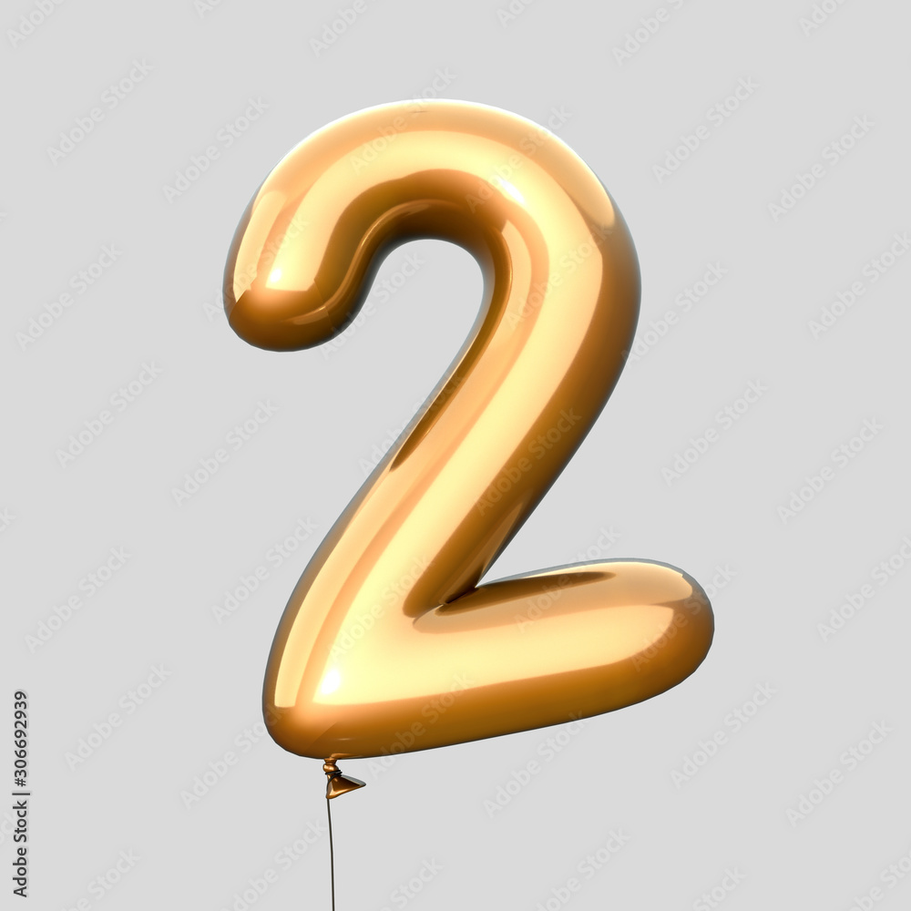Naklejka premium Golden balloon font number 2 made of realistic helium red balloon, 3d illustration with Clipping Path ready to use. For your unique balloon letter decoration; Christmas, New year and several occasion