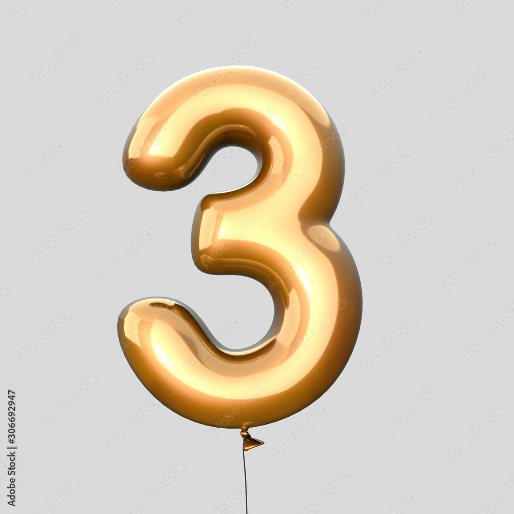 Fototapeta premium Golden balloon font number 3 made of realistic helium red balloon, 3d illustration with Clipping Path ready to use. For your unique balloon letter decoration; Christmas, New year and several occasion