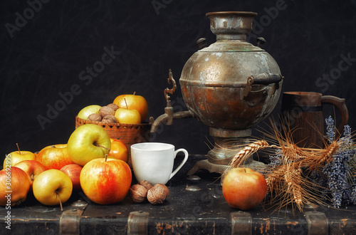 Still life with apples, nuts and samovar
