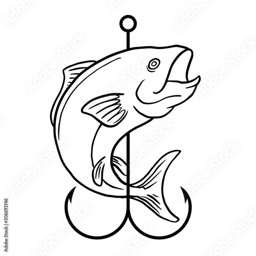 Fish with hook line art vector illustration for fly fishing shop and fisherman activity club badge logo design