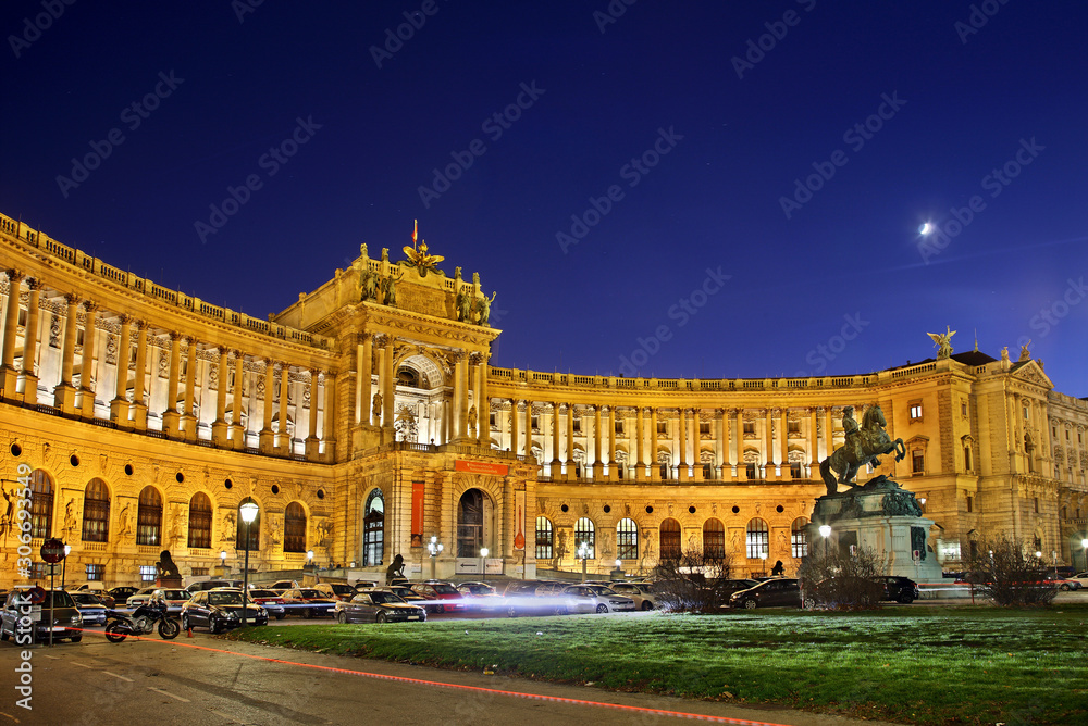 VIENNA, AUSTRIA. View of Hofburg (Neue Burg wing), the imperial palace of the Habsburg dynasty, from Michaelerplatz