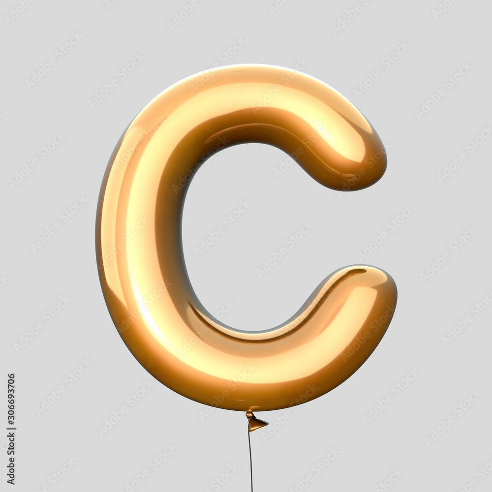 Letter C made of Gold Balloons. Alphabet concept. 3d rendering isolated on Gray Background Letter C made of Gold Balloons. Alphabet concept. 3d rendering isolated on Gray Background