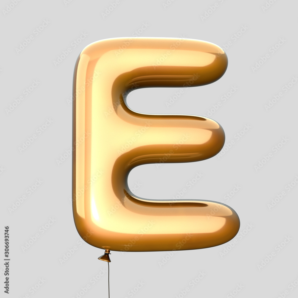 Letter E made of Gold Balloons. Alphabet concept. 3d rendering isolated on Gray Background Letter E made of Gold Balloons. Alphabet concept. 3d rendering isolated on Gray Background