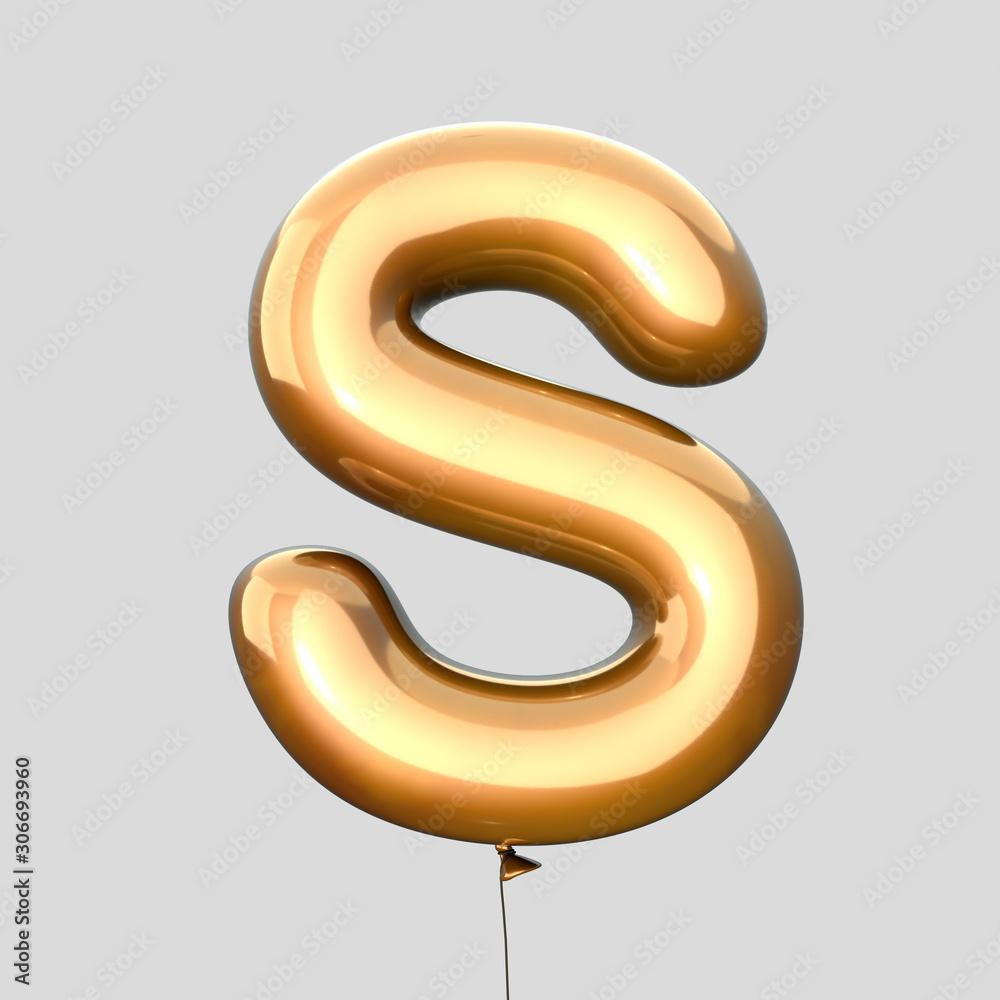 Letter S made of Gold Balloons. Alphabet concept. 3d rendering isolated on Gray Background Letter S made of Gold Balloons. Alphabet concept. 3d rendering isolated on Gray Background