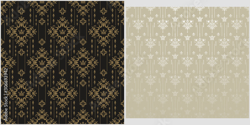 Vintage backgrounds, patterns. Two modern background pictures in retro style. Seamless vector backgrounds. Set of patterns. Colors in the image: black, gray, silver, gold. Vector image.