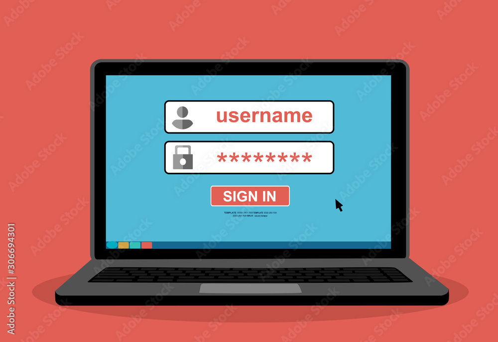 Laptop with login page on screen. Modern graphic design for web banners, website, infographics. Flat design vector illustration Laptop with login page on screen. Modern graphic design for web banners, website, infographics. Flat design vector illustration