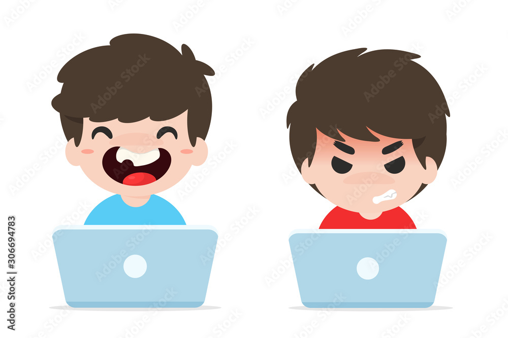 Problem of children with internet addiction. Children who win and lose competitions online game. Problem of children with internet addiction. Children who win and lose competitions online game.