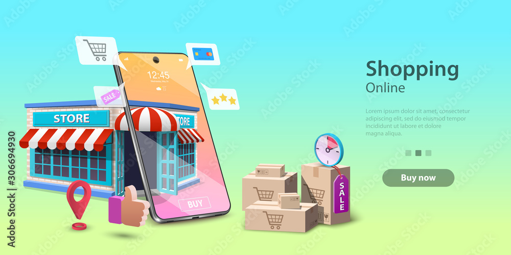 Online Shopping Landing Page Template, Mobile Store Concept, Fast Delivery Service. - obrazy, fototapety, plakaty 