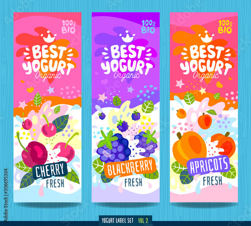 Abstract splash Food label template. Colorful brush stroke. Fruits, organic, yogurt, milk package design. Cherry, blackberry, apricot Drawing vector illustration
