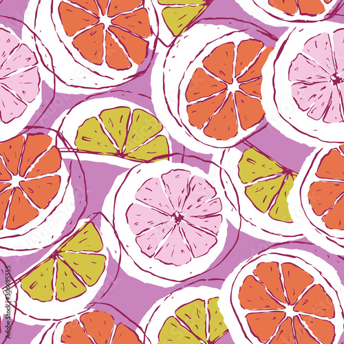 Vector citrus seamless pattern. Lemon, grapefruit, orange hand drawn repeat design. Great for kitchen textile.
