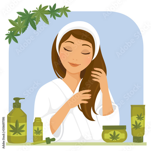 Young woman using hemp hair products made of hemp or cannabis oil