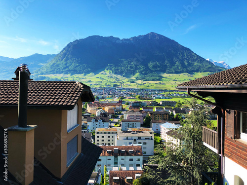 View of the Settlement Ennetbürgen (Ennetburgen or Ennetbuergen), Buochs and Mountain Buochserhorn - Canton of Nidwalden, Switzerland photo
