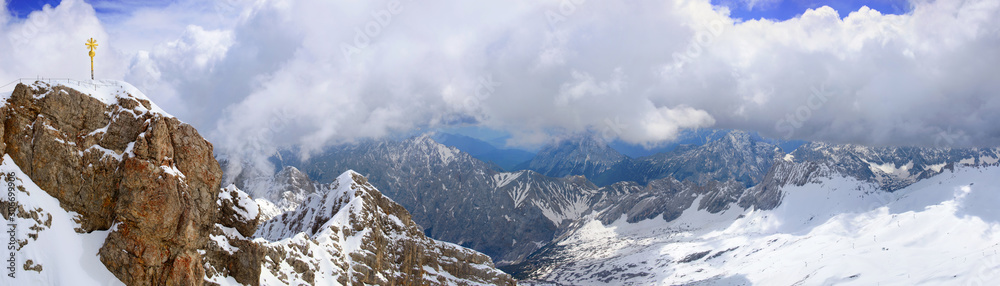 Zugspitze - a snow panorama from above with blue sky