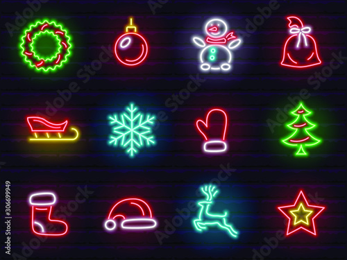 christmas and new year neon signs and icons set