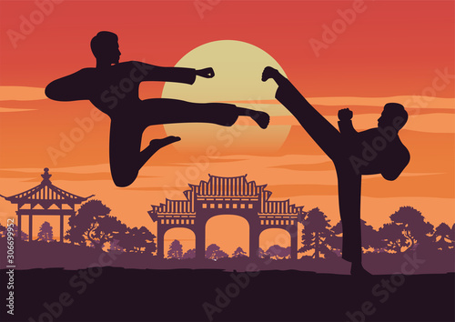 two men train Taekwondo near landmark of Korea,famous martial arts of the world,vector illustration