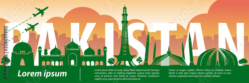 Pakistan famous landmark silhouette style,text within,travel and tourism,vector illustration