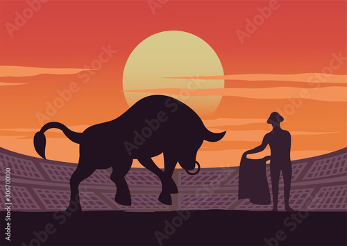 matador and bull are shown in stadium,culture and tradition of Spain,sunset time,vector illustration