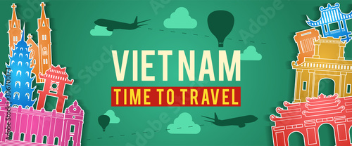 green banner of Vietnam famous landmark silhouette colorful style,plane and balloon fly around with cloud,vector illustration