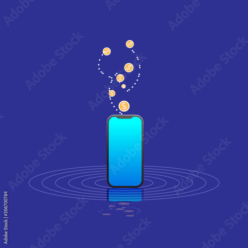 Elegant Business layout design with realistic smartphone and gold coin vector icon