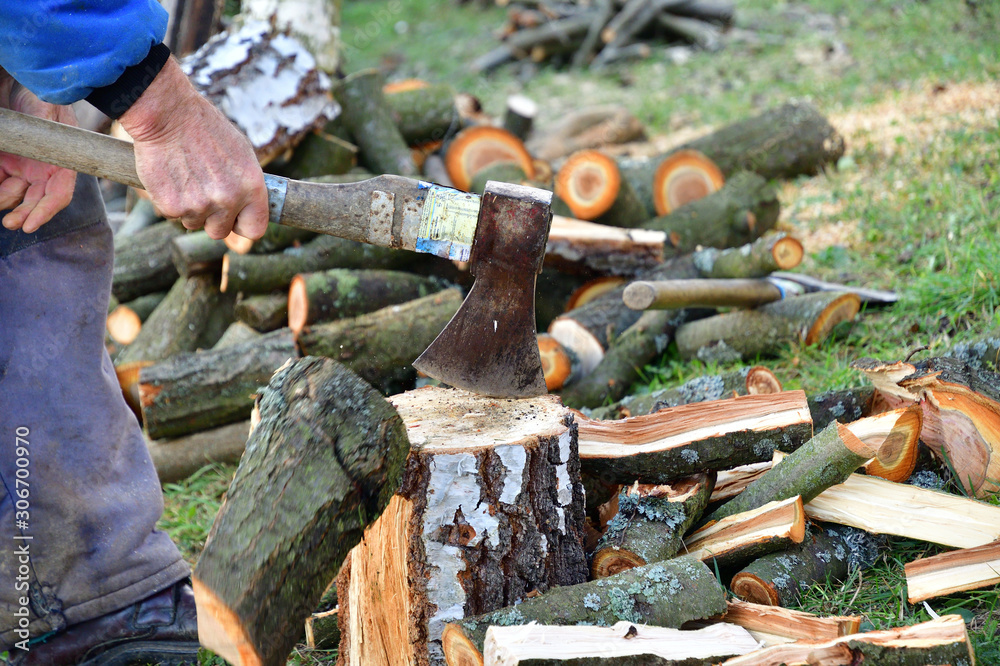 Detail on an ax as it cuts logs of wood into smaller pieces Detail on an ax as it cuts logs of wood into smaller pieces