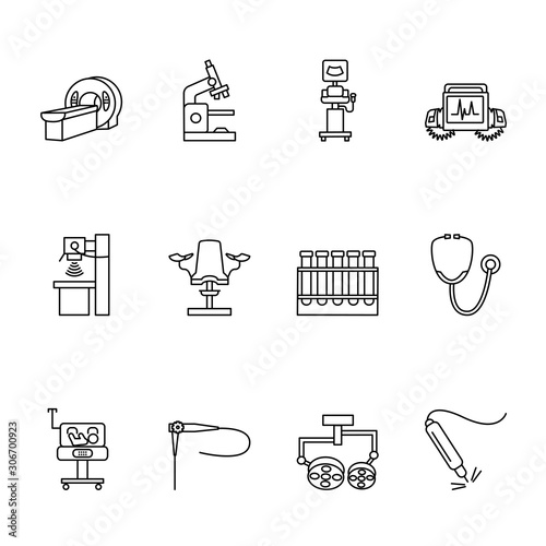Medical equipmet line icon set. Vector illustration examination, MRI, X-ray, ultrasound machines, endoscopy, surgical light, lamp, defibrillator, microscope, baby incubator,stethoscope,gynecological 