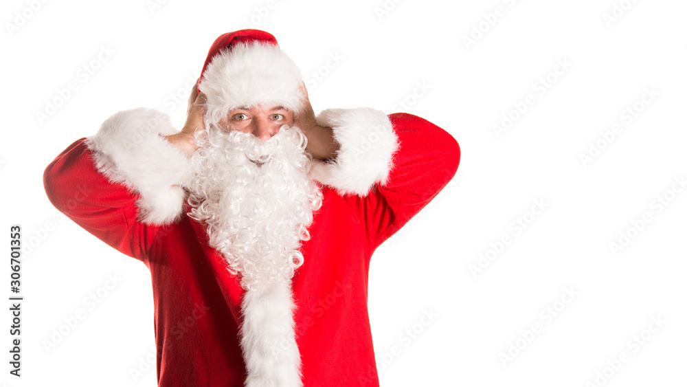 Holidays and weekends. Funny fat Santa Claus. White background.