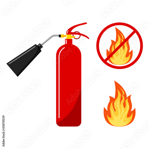 Red fire extinguisher with nozzle silhouette icon, fire and no fire sign, no open flame
