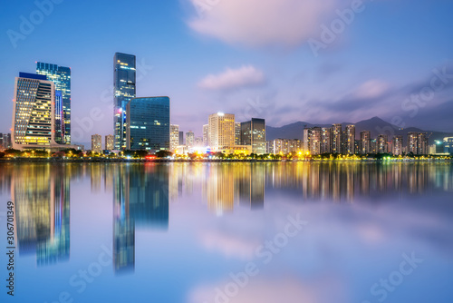 Night view of modern office building in Fuzhou Financial District..