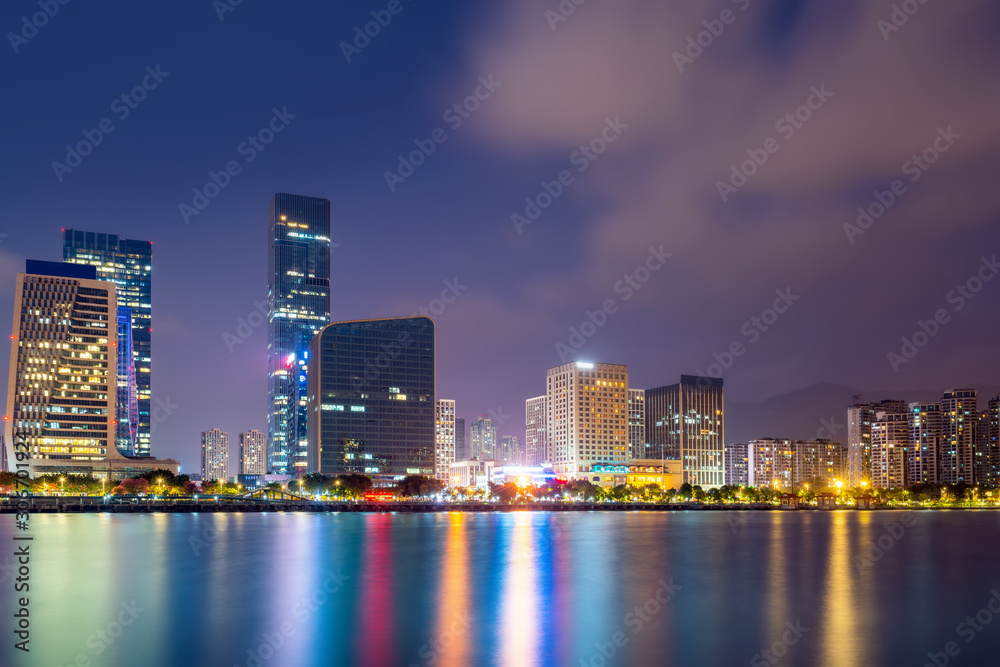 Night view of modern office building in Fuzhou Financial District..