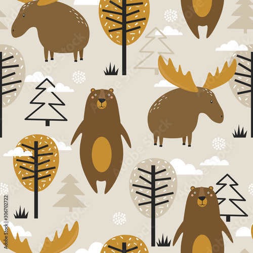 Deers, bears, trees, fir trees and snow, hand drawn backdrop. Colorful seamless pattern with animals, forest. Decorative cute wallpaper for printing. Overlapping background vector. Design illustration