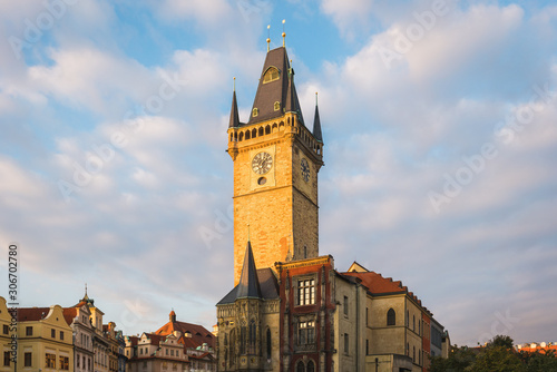 Sunrise at Prague Old Town Square and the City Skyline of Astronomical Clock Tower  Czech Republic