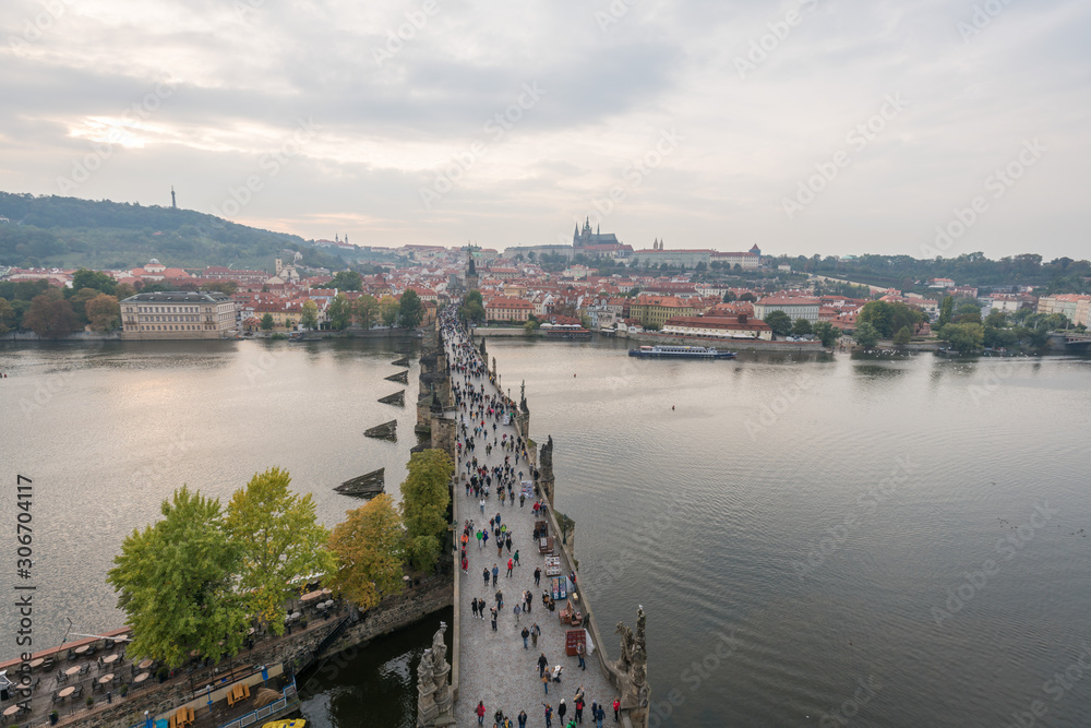 Sunset landscapes of Charles Bridge and the cityscapes with Prague Castle, Prague, Czech Republic